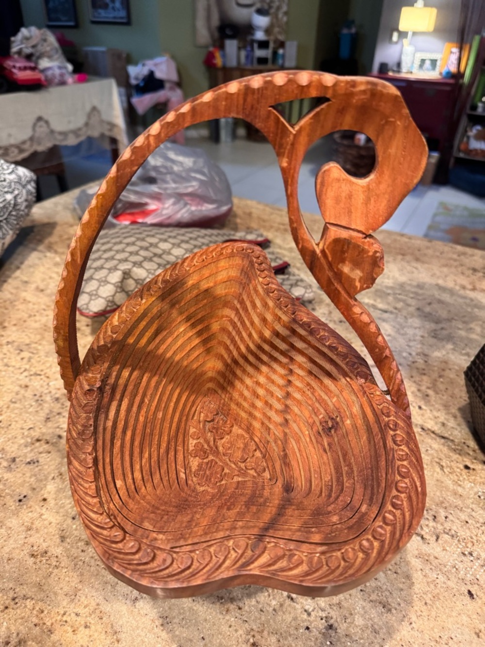 Hand-Carved Brown Wooden Decorative Bowl with Handle